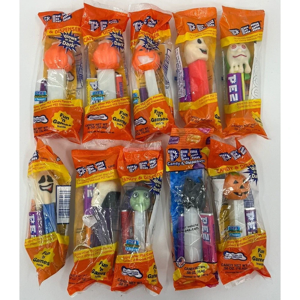 Lot of 10 Halloween 90/00's PEZ Dispensers Glow in the Dark NEW Bat Skeleton